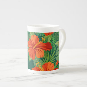 Hibiscus Flowers Red Orange Green Jungle Foliage Bone China Mug