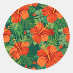 Hibiscus Flowers Red Orange Green Jungle Foliage Classic Round Sticker