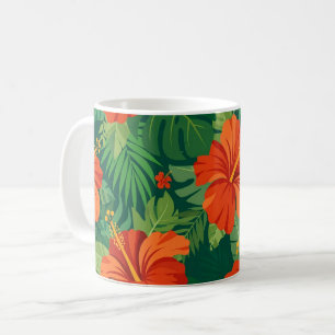 Hibiscus Flowers Red Orange Green Jungle Foliage Coffee Mug