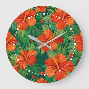 Hibiscus Flowers Red Orange Green Jungle Foliage Large Clock