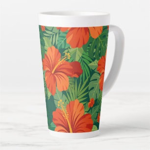 Hibiscus Flowers Red Orange Green Jungle Foliage Latte Mug