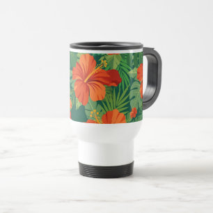 Hibiscus Flowers Red Orange Green Jungle Foliage Travel Mug