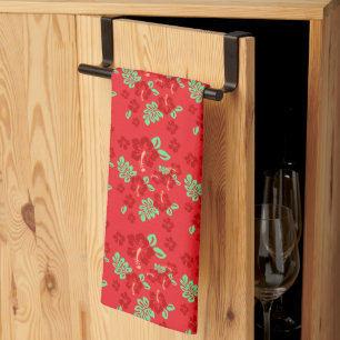 Hibiscus Flowers Red Tropical Pattern Tea Towel