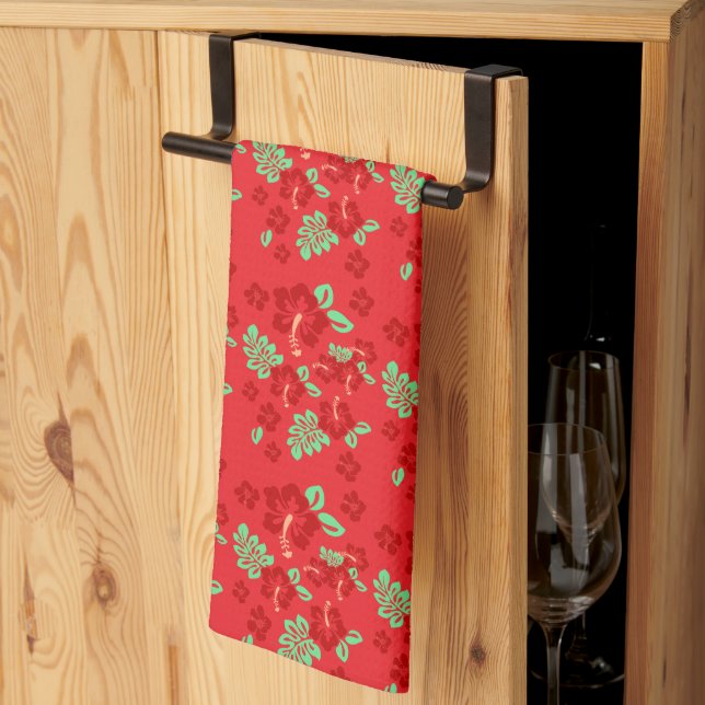 Hibiscus Flowers Red Tropical Pattern Tea Towel (Thirds Fold)