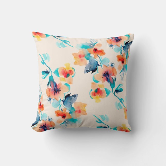 Hibiscus flowers watercolor illustration pattern cushion (Front)