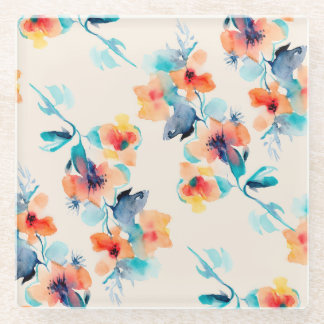Hibiscus Flowers: Watercolor Illustration Pattern Glass Coaster