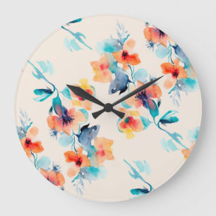 Hibiscus Flowers: Watercolor Illustration Pattern Large Clock