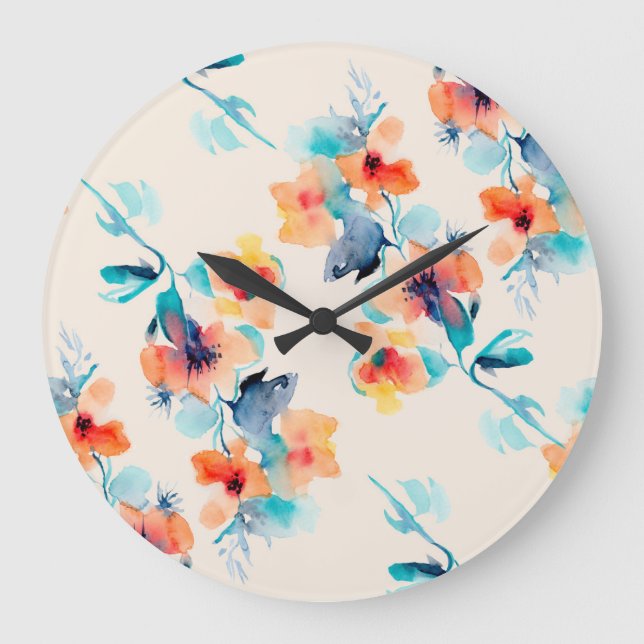 Hibiscus Flowers: Watercolor Illustration Pattern Large Clock (Front)