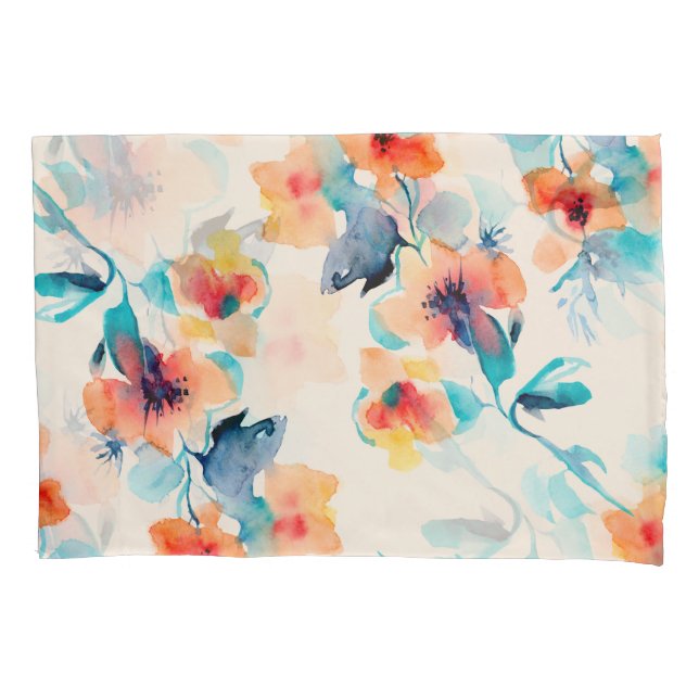 Hibiscus Flowers: Watercolor Illustration Pattern Pillowcase (Front)
