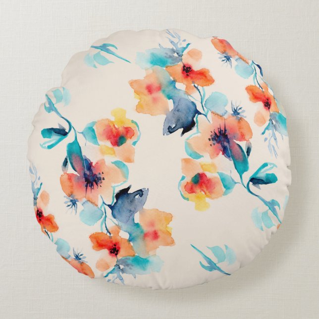 Hibiscus Flowers: Watercolor Illustration Pattern Round Cushion (Front)