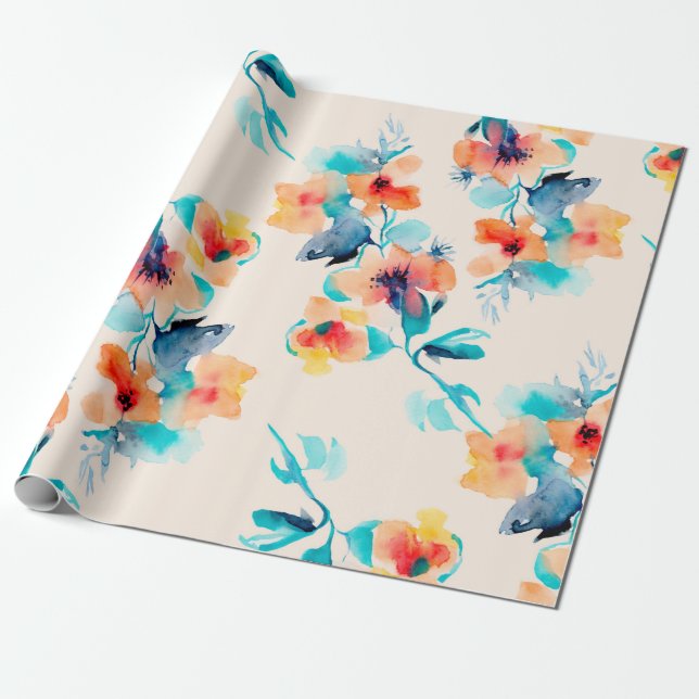 Hibiscus flowers watercolor illustration pattern wrapping paper (Unrolled)