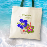 Hibiscus Flowers Wedding Welcome Tote Bag<br><div class="desc">Hibiscus art wedding welcome bags with custom lines of text. Personalised pretty floral totes with names of the bride and groom, along with location and date of destination event. Colours are purple-blue, green, and pink. Handle on this bag is shown in hunter green, with other choices. A big hibiscus image...</div>
