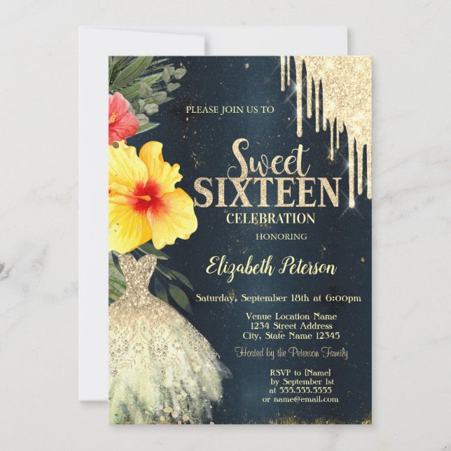 Hibiscus Gold Drips,Dress Dark Blue Sweet 16 Invitation (Front)