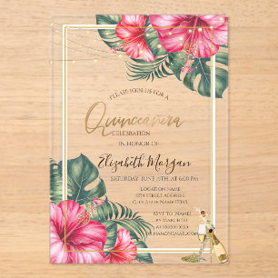 Hibiscus,Gold Heels Glitter Quinceanera Acrylic Invitations