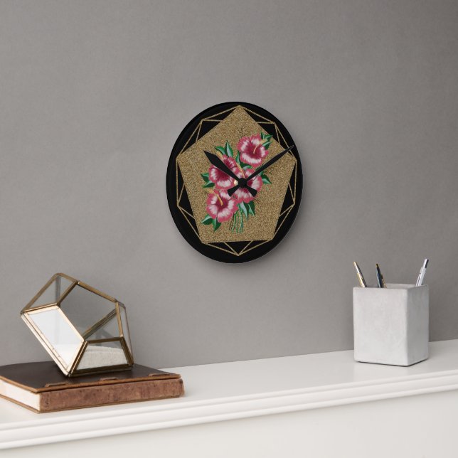 Hibiscus gold round clock (Office)