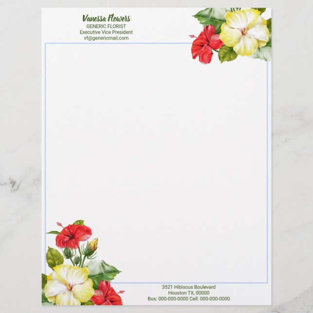 Hibiscus Hawaiian Tropical Floral Custom Letterhead (Front)