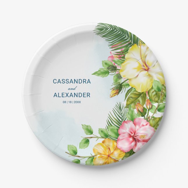 Hibiscus Hawaiian Tropical Floral Wedding Paper Plate (Front)