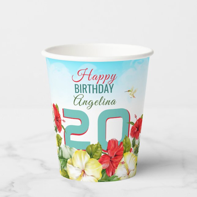 Hibiscus Hawaiian Tropical Personalised Birthday Paper Cups (Front)