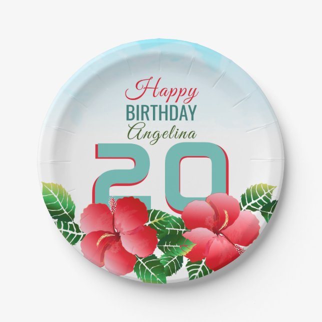 Hibiscus Hawaiian Tropical Personalised Birthday Paper Plate (Front)