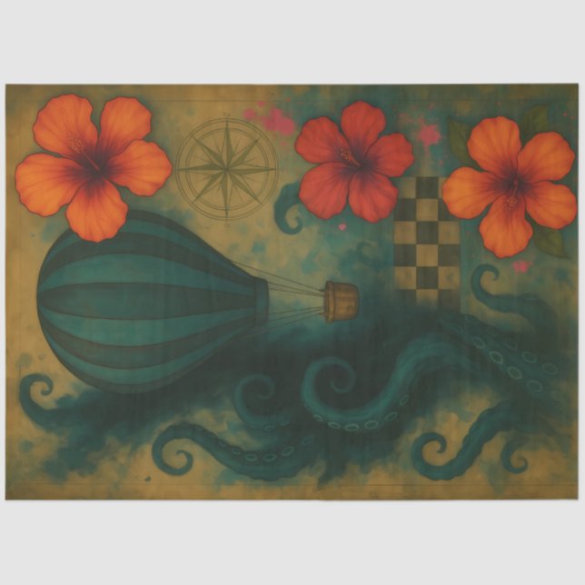 Hibiscus & Hot Air Balloon & Tentacles Decoupage Tissue Paper (Front)