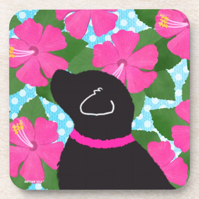 Hibiscus Island Black Dog Coaster Set (Front)
