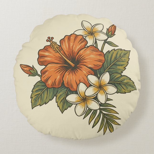 Hibiscus Island Hawaiian Motif - Reversible Scenic Round Cushion (Front)