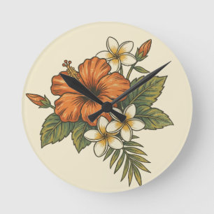Hibiscus Island Hawaiian Motif Round Clock