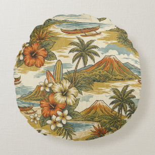 Hibiscus Island Hawaiian Scenic - Gold and Orange Round Cushion