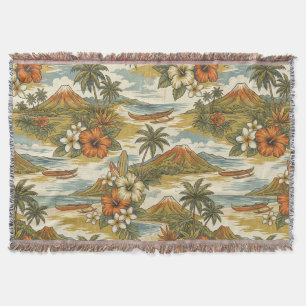 Hibiscus Island Hawaiian Scenic - Gold and Orange Throw Blanket