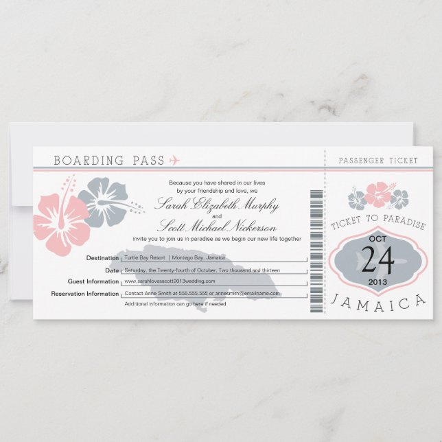 Hibiscus Jamaica Boarding Pass Wedding Invitation (Front)