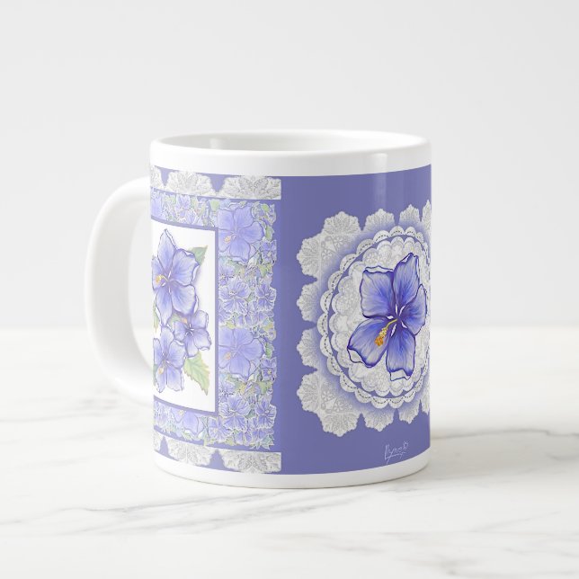 Hibiscus & lace BLUE Large Coffee Mug (Front Left)