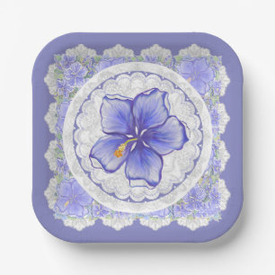 Hibiscus & lace BLUE Paper Plate