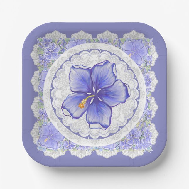Hibiscus & lace BLUE Paper Plate (Front)