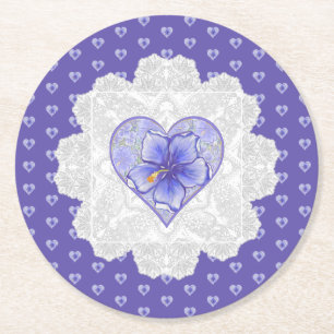 Hibiscus & lace BLUE Round Paper Coaster