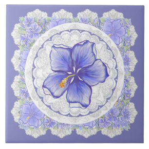 Hibiscus & lace BLUE Tile