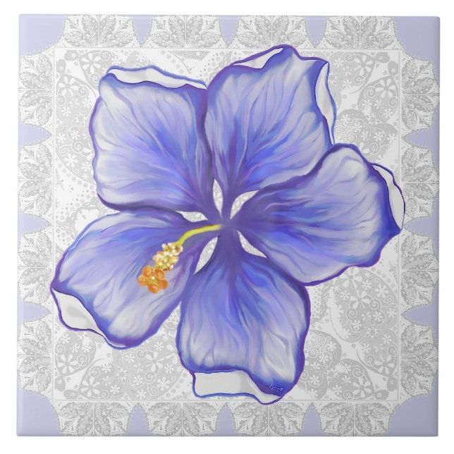 Hibiscus & lace BLUE Tile (Front)