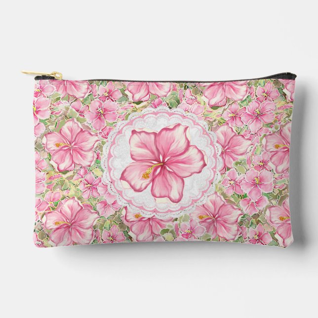 Hibiscus & lace PINK Accessory Pouch (Front)