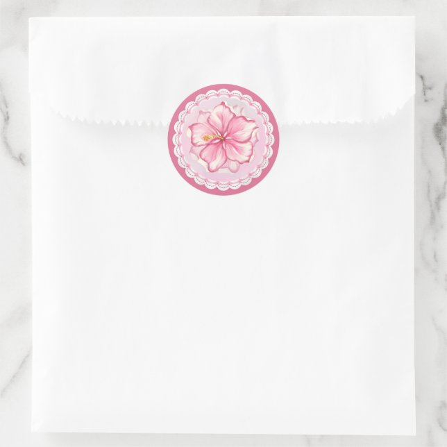 Hibiscus & lace PINK Classic Round Sticker (Bag)
