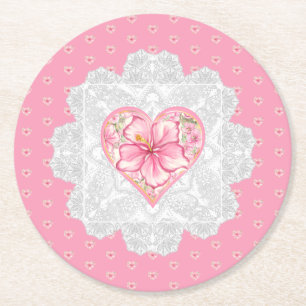 Hibiscus & lace PINK Round Paper Coaster