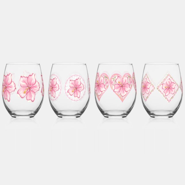 Hibiscus & lace PINK Stemless Wine Glass (Front)