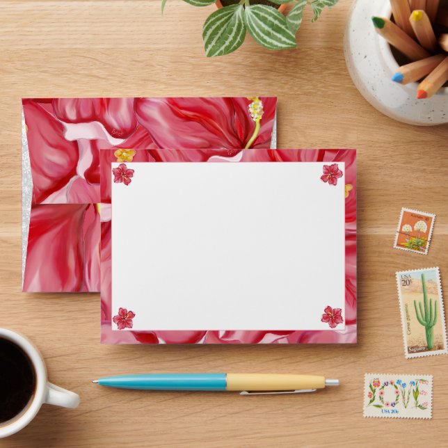 Hibiscus & lace RED Envelope (Desk)