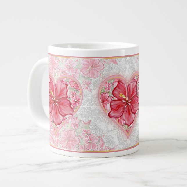 Hibiscus & lace RED Large Coffee Mug (Front Left)