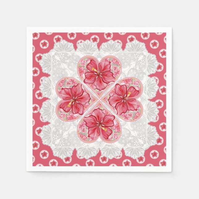 Hibiscus & lace RED Napkin (Front)