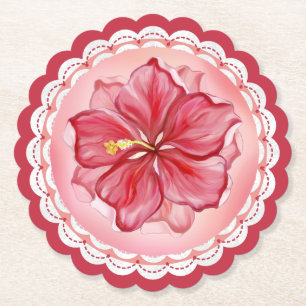 Hibiscus & lace RED Paper Coaster