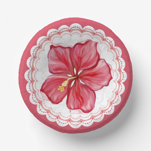 Hibiscus & lace RED Paper Plate (Front)