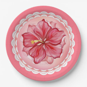 Hibiscus & lace RED Paper Plate