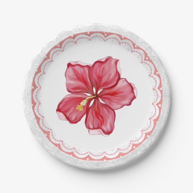 Hibiscus & lace RED Paper Plate (Front)