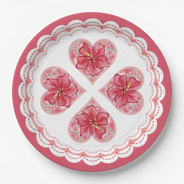 Hibiscus & lace RED Paper Plate (Front)