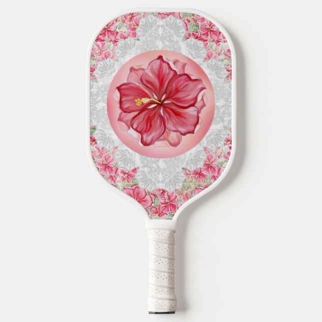 Hibiscus & lace RED Pickleball Paddle (Front)