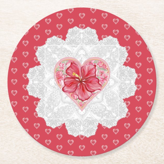 Hibiscus & lace RED Round Paper Coaster (Front)